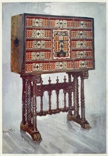 Furniture around the turn of the century 1900, Vargueno cabinet of chestnut, ivory, etc., painted