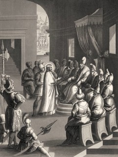 The Sanhedrin trial of Jesus, New Testament, steel engraving 1853, digitally restored