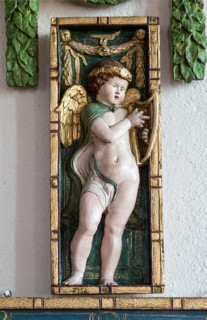 Painted plaster angels in village parish church of Saint Michael, Wilsford cum Lake, Wiltshire,