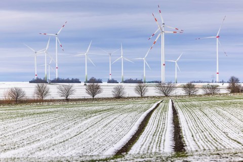 Wind farm in snowy landscape, Gevensleben, Lower Saxony, Germany