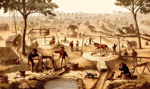 Historical Gold mining, gold diggers in Australia, 19th century
