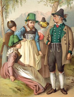 Traditional costumes in Germany around 1820, Bavaria, Jachenau, A group in traditional costumes
