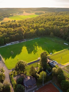 Early evening aerial view of a sports field surrounded by greenery and trees, Gechingen, Black
