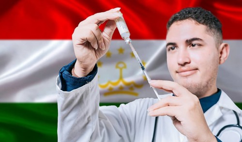 Doctor holding syringe on Tajikistan flag background. Medical professional holding syringe with