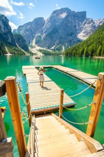 Tourist walking on a wooden pier at lake braies, also called pragser wildsee, with the seekofel