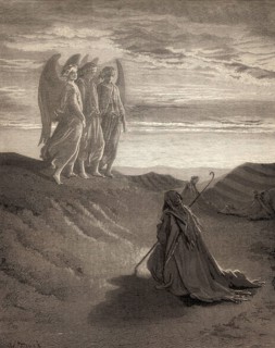 Abraham and the Three Angels, Old Testament, woodcut by Gustave Doré