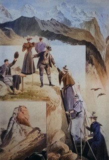 Sunday excursionists climbing the Gummihorn, a peak in the Bernese Oberland, 1880, Switzerland,