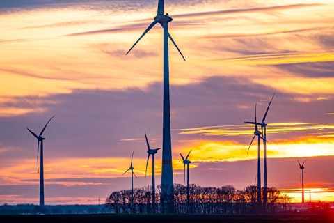 Sunset at Issum wind farm, Lower Rhine, North Rhine-Westphalia, Germany