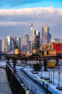 The skyline of Frankfurt am Main, skyscrapers of the banking district, historic harbour cranes at