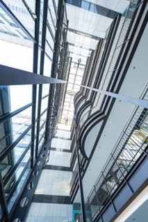 Steel and glass staircase in a tall building, Böblingen, Germany