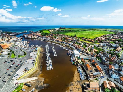 Whitby and River Esk from a drone, North Yorkshire, England, United Kingdom
