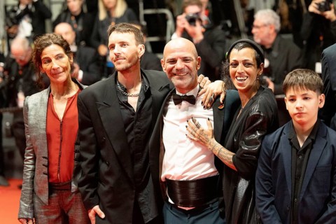 Cannes, France - 15.5.2024: Richard Bellamy (C), Jade Oukid (R) and cast during the SIRAT Red