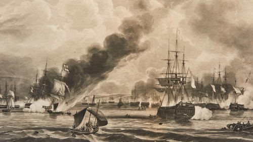 Monochrome depiction of a lively sea battle with smoking guns, Historical Museum, Battle of