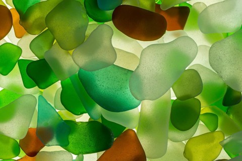 Colourful broken glass cut by the sea, sea glass, sea glass, beach glass, from the North Sea