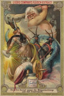 Picture series Nordic Saga of the Gods, Donar fighting the Midgard Serpent and the Frost Giants,