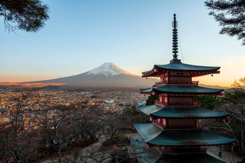 Five-story pagoda of a Shinto Shrine, Chureito Pagoda, with views of Fujiyoshida City and Mount