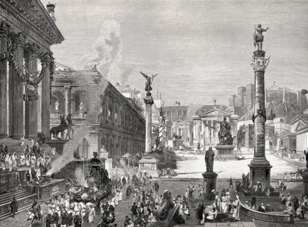 Reconstruction of the Roman Forum or Forum Romanum in ancient Rome