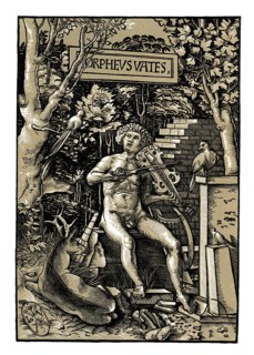 Orpheus with the violin, 16th century, Chiaroscur woodcut by Johannes Wechtlin, facsimile of the