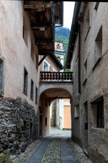 Narrow alley in Prato with typical Ticino houses, Lavizzara, Canton Ticino, Switzerland