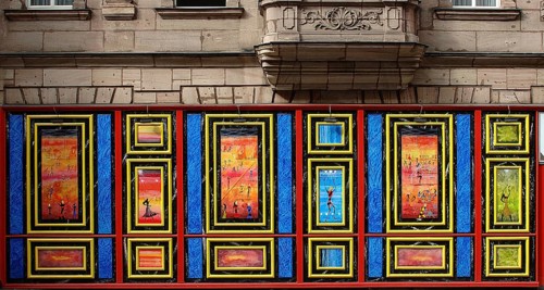 Shop window decorated with paintings in a pedestrian zone, Nuremberg, Middle Franconia, Bavaria,