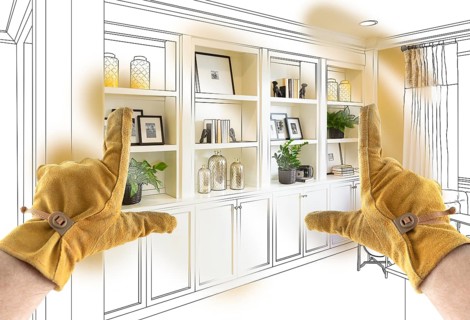 Male Contractor Hands Framing Completed Section of Built In Shelving Over Drawing