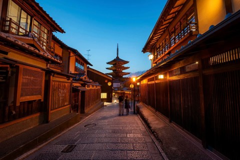 Yasaka dori historic street in the old town with traditional Japanese houses, five-story Yasaka