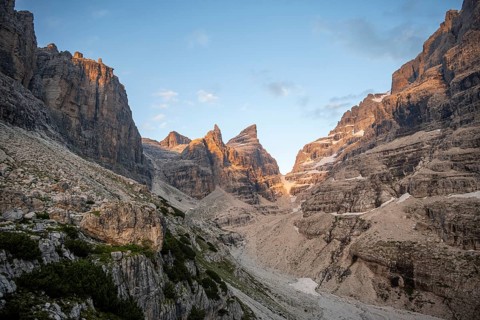 Sunset, mountain valley, Castelletto Superiore and Cima Sella peaks, back Scharte Bocca di Tuckett,