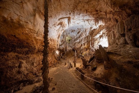 Stalactites and stalagmites, rock formations in a stalactite cave, Grotta del Fico, Gulf of Orosei,