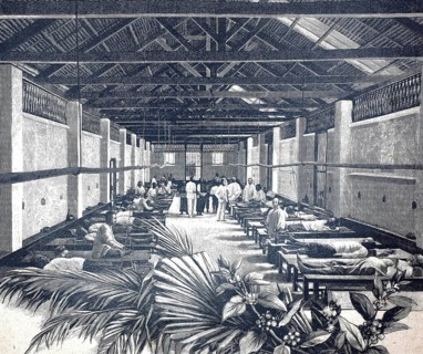 German tobacco plant in Sumatra, 1890, a hospital for coolies, workers, illustration, reproduction