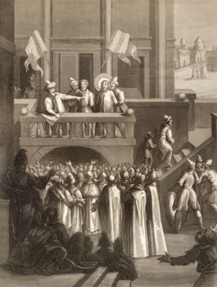 The Sanhedrin trial of Jesus, New Testament, steel engraving 1853, digitally restored