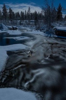Stream in moonlight, Norrbotten, Lapland, Sweden, December 2022