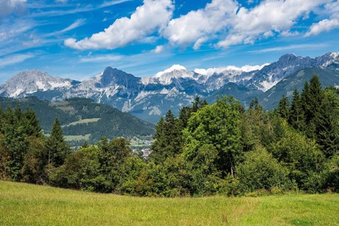 A picturesque landscape of the Austrian Alps nestled in lush green meadows beneath jagged, towering