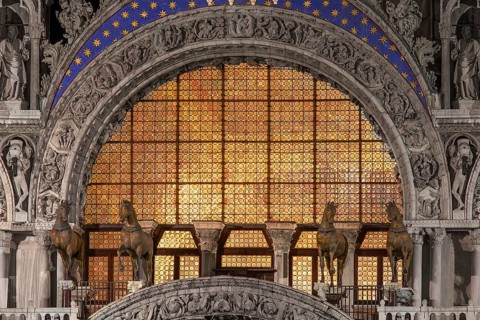 The four horses of St. Mark on the loggia at the west portal of St. Mark's Basilica, Venice,