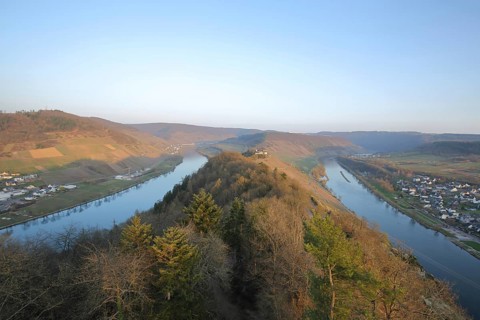 View from the Prinzenkopf Tower of Marienburg and Moselle Valley, landscape, course of the river,