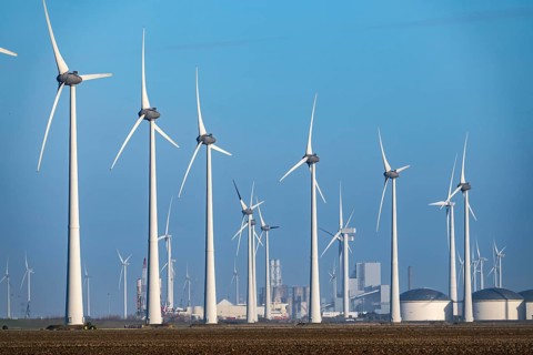 Westereems and Growind wind farms, in the north of the Netherlands, near Eemshaven, energy center,