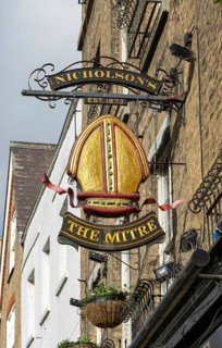 The Mitre pub sign, Nicholson's brewery, Cambridge, Cambridgeshire, England, UK