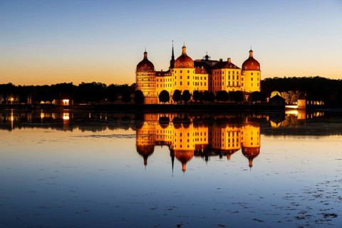 Night view of Moritzburg hunting lodge, Meissen district, Saxony, Germany