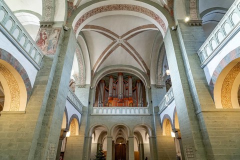 Interior and organ of St. Peter's Church in Soest, North Rhine-Westphalia, Germany