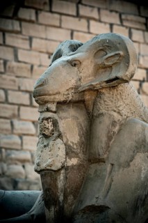 At the entrance to Karnak Temple the Avenue of Sphinxes, statues with the head of a Ram and the