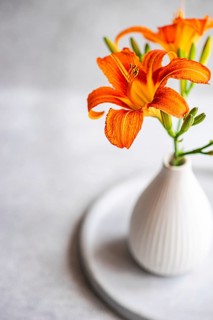 From above, a vivid orange tiger lily flower sits in a white vase on a simple round tray, creating