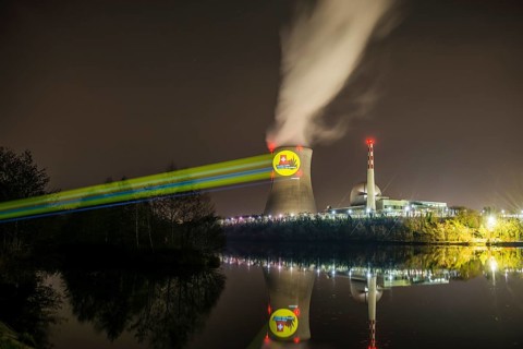 Protest action broadcast by the anti-nuclear organization, projection, night view, 05-03-2026,