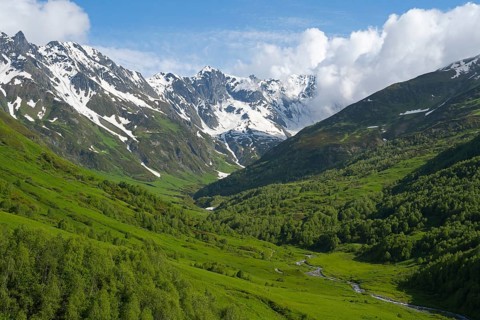 Green valley with river, surrounded by snow-capped mountains and forest, Zagari Pass, Svaneti,