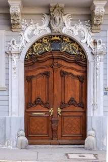 Artfully crafted gate of the Memmingen City Museum in Zangmeisterstraße in the historic old town,