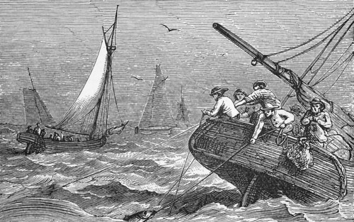 Cod fishing, Newfoundland Banks, around 1870, Canada, digital reproduction of a historical model