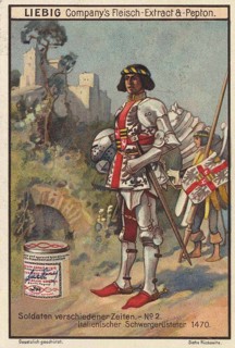 Picture series Soldiers of different times, heavy armoured man around 1470 from Italy, Liebig