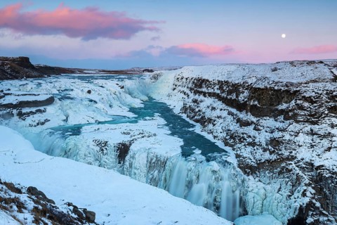 Gullfoss, Hvítá river waterfall, ice, frost, snow, winter, sunset, moon, Haukadalur, Iceland,