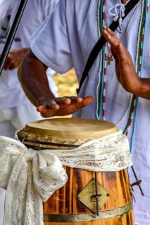 Drums decorated with fabric being used during an Umbanda ceremony in Brazil Belo Horizonte, Minas