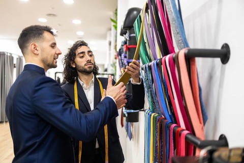 A tailor helps a client select a tie in a suit men store. The professional advises the customer on