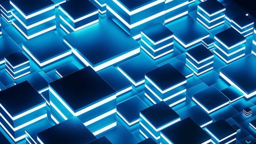 Abstract background design featuring a network of glowing geometric shapes in blue tones, creating