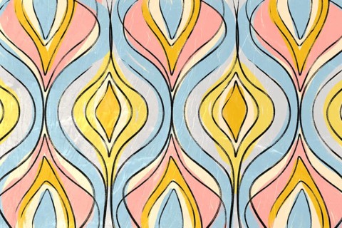 A vibrant and modern abstract background featuring elongated teardrop and floral patterns in soft